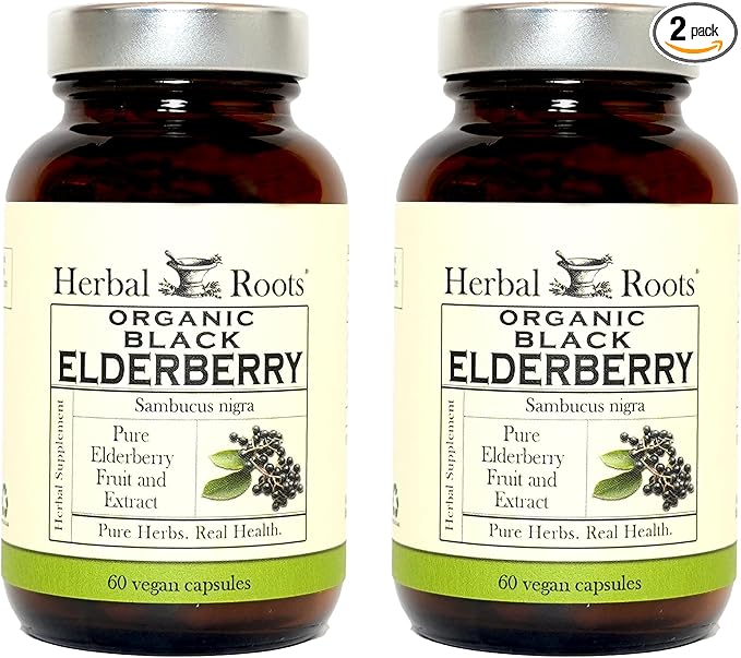 Herbal Roots Organic Black Elderberry Capsules | Max Strength | Made with Organic Sambucus | 60 Vegan Capsules (Pack of 2)