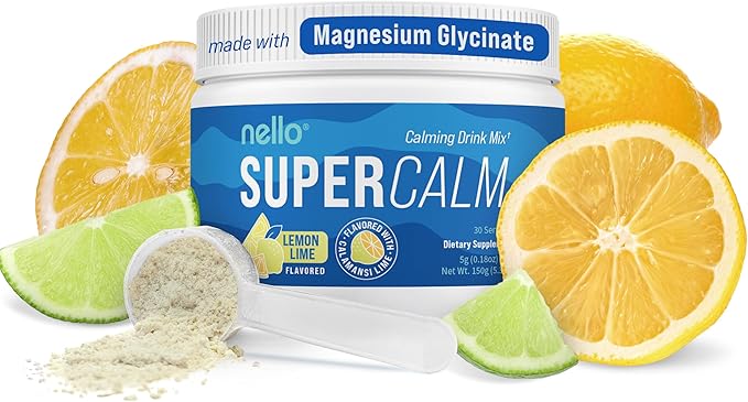 Nello Supercalm Powdered Drink Mix Tub Cortisol Reducer* and Sleep Aid Supplement L Theanine Ksm-66 Ashwagandha Magnesium Glycinate Vitamin D 3 No Sugar Non GMO On The Go 30 Ct Lemon Lime