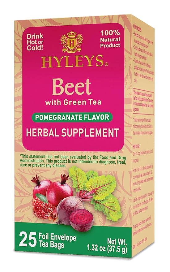 Hyleys Beet &amp Green Tea with Natural Pomegranate Flavor - Herbal Energy Tea - Supports Focus - 25 Tea Bags - (6 Pack - 150 Tea Bags Total)