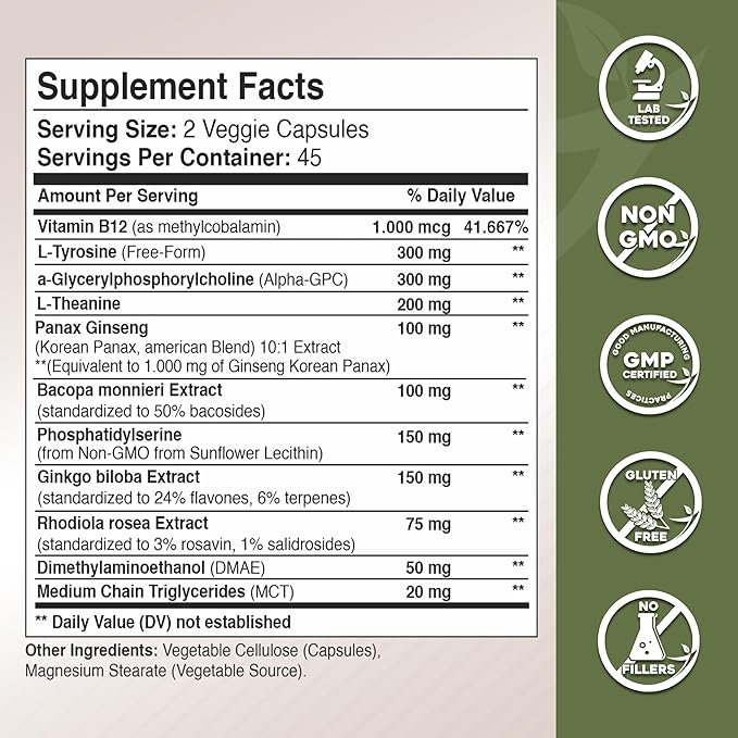 Gade Nutrition Alpha GPC + Ginkgo Biloba + Panax Ginseng + L- Tyrosine L-Theanine Bocopa Monnieri Rhodiola Rosea B12 MCT