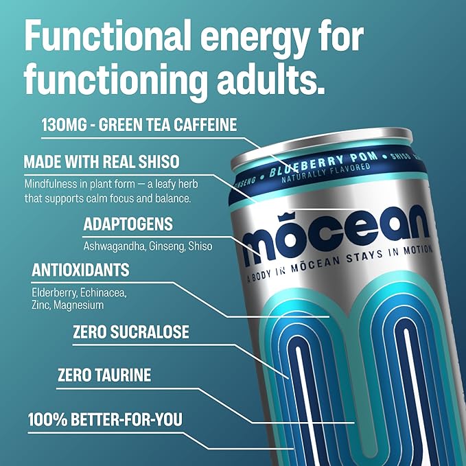 MŌCEAN Blueberry Pomegranate Energy Drink 12 fl oz (Pack of 12) Clean Adult Energy Drink with 130mg Caffeine Adaptogens &amp Minerals No Taurine No Sucralose No Candy Flavors