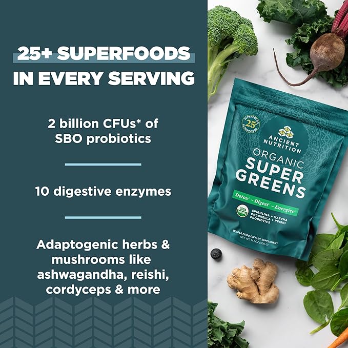 Ancient Nutrition Super Greens Powder Organic Superfood Powder with Probiotics Made with Spirulina Chlorella Matcha and Digestive Enzymes 50 Servings 14.1 oz