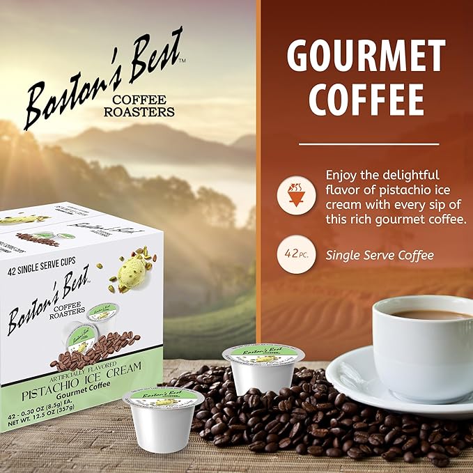 Boston’s Best - Pistachio Ice Cream Flavored Coffee Blend Dessert Gourmet Compatible with Keurig Coffee Maker 1 Count (42 Single Serve Medium Roast Cups)