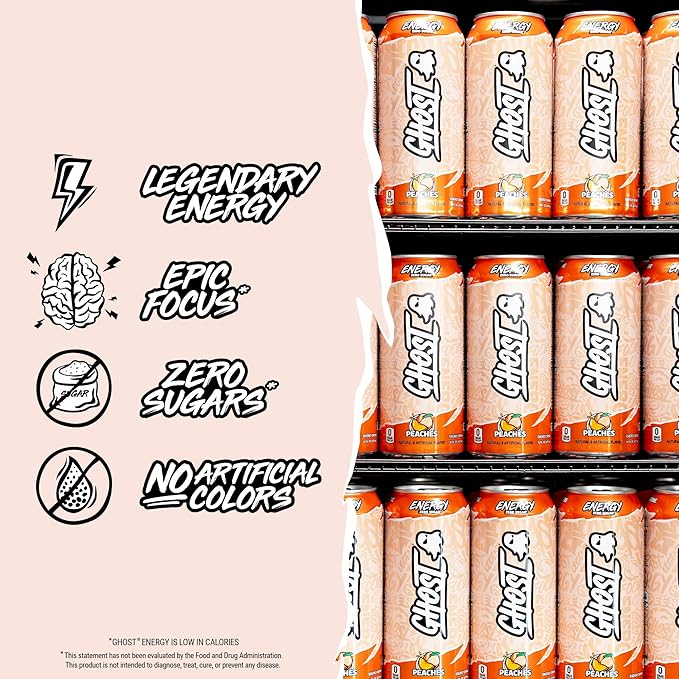 GHOST Energy Drink - 12-Pack Peaches 16oz - Energy &amp Focus &amp No Artificial Colors - 200mg of Natural Caffeine L-Carnitine &amp Taurine - Gluten-Free &amp Vegan
