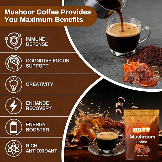 Bryt Mushroom Coffee with 6 Adaptogenic Mushrooms + Collagen – Steady Energy Focus &amp Immunity Support 6.35 oz(1pcs)