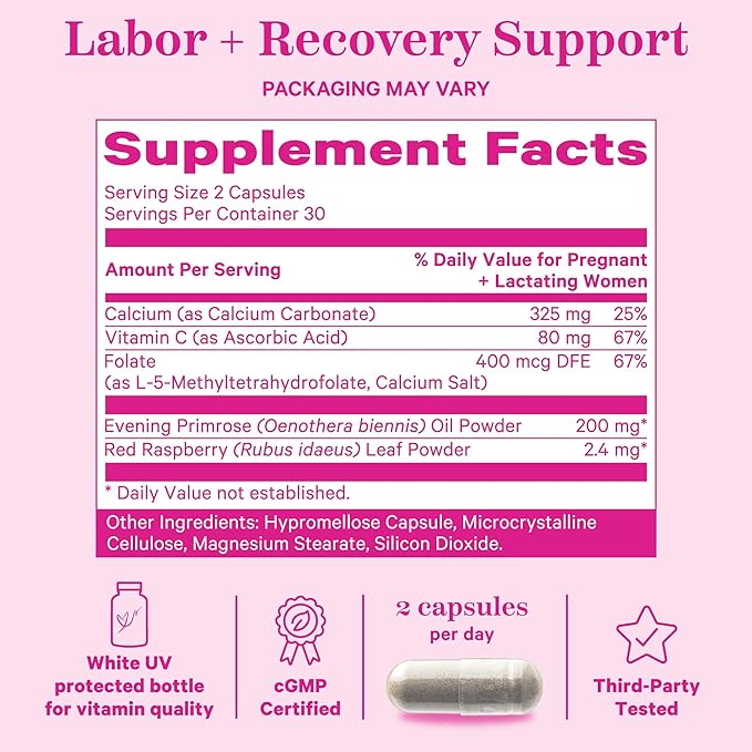 Pink Stork Labor Prep Supplement – Evening Primrose Oil &amp Red Raspberry Leaf for Third Trimester Gentle Labor &amp Postpartum Support Pregnancy &amp Breastfeeding Safe 60 Vegan Capsules