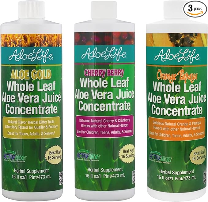 Aloe Life - Whole Leaf Aloe Vera Juice Multi-Flavor Bundle Certified Organic Gluten-Free (Cherry Berry Aloe Gold &amp Orange Papaya Flavors 16 oz Each)