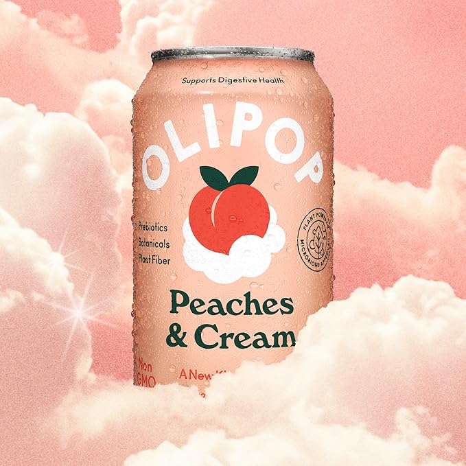 OLIPOP Prebiotic Soda Pop Peaches &amp Cream A New Kind of Soda Packed with Prebiotics Fiber and Botanicals Gluten Free GMO Free 12oz (12-Cans)