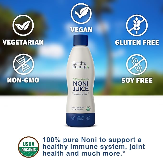 Earth's Bounty Tahitian Organic Noni Juice - 32 fl.oz - 100% Pure Natural Immune &amp Joint Support - Organic Kosher Noni Juice - No Additives (Pack of 2)