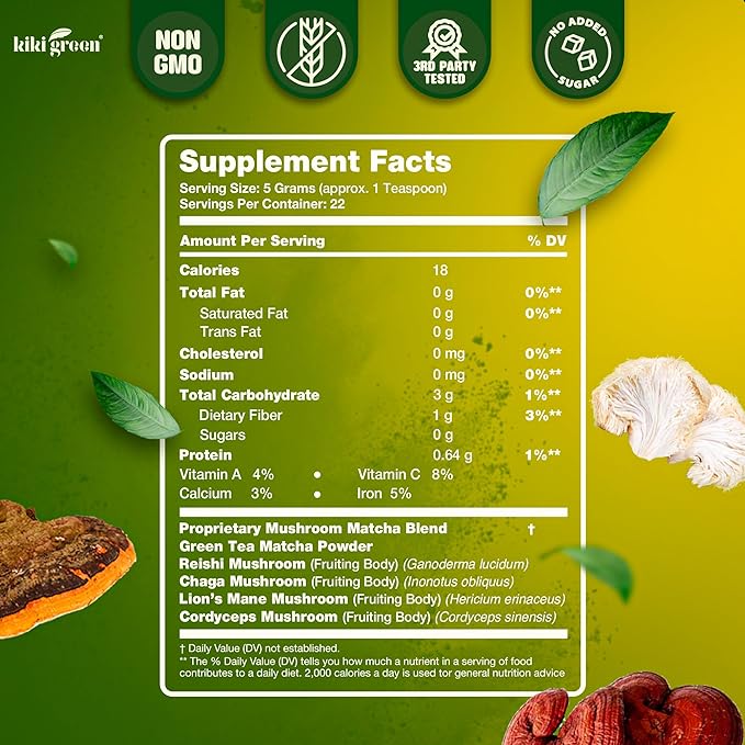KIKI Green Mushroom Matcha Powder Super Blend 4 oz - Mushroom Coffee Alternative for Better Energy Focus Immunity - with Lion's Mane Chaga Reishi Cordyceps