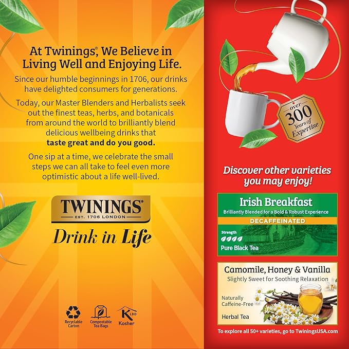 Twinings Decaffeinated English Breakfast Black Tea Individually Wrapped Bags 25 Count (Pack of 6) Flavourful Robust Enjoy Hot or Iced 150 Teabags