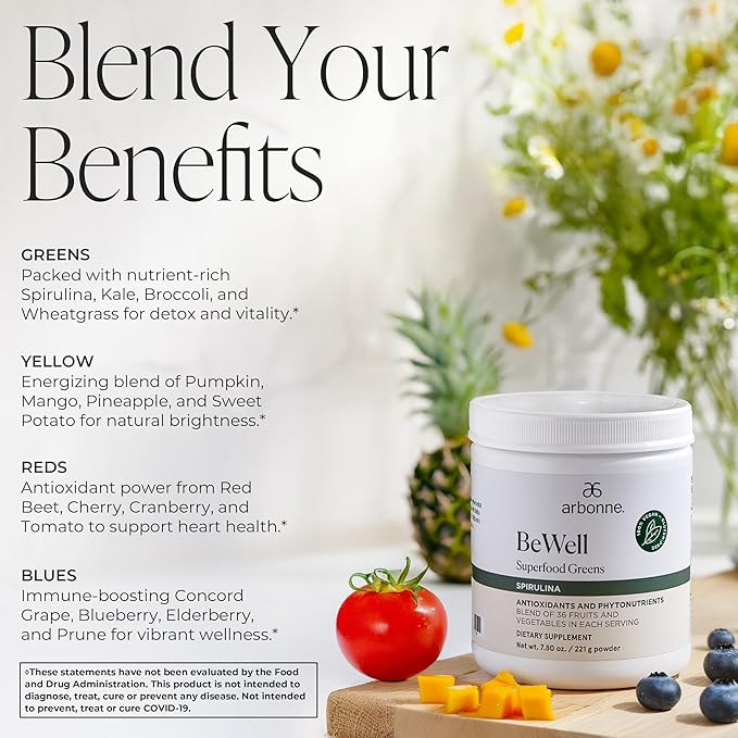 Arbonne BeWell Superfood Greens Powder - Health Supplement Powder Made from a Variety of Fruits and Vegetables Organic Green Juice Supplement 7.8 oz