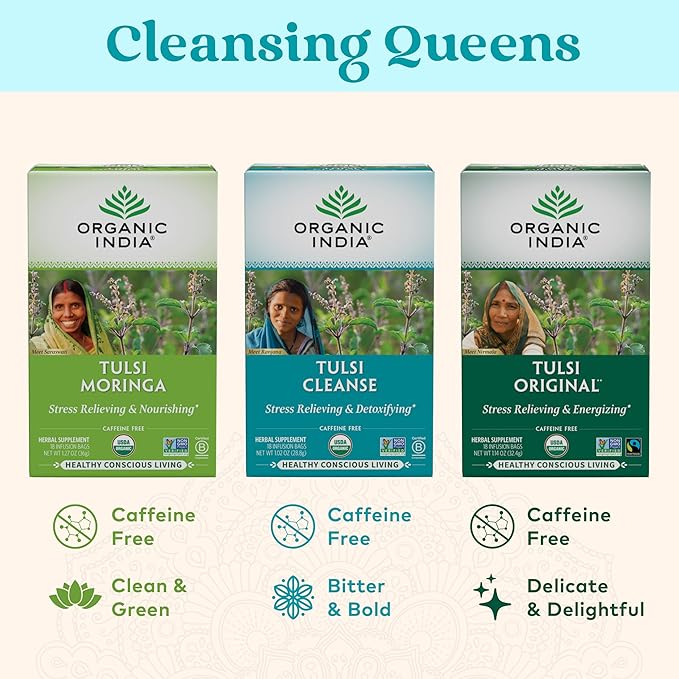 Organic India Tulsi Cleanse Detox Tea - Holy Basil Ginger Turmeric Herbal Tea Stress Relieving &amp Cleansing Immune Support Adaptogen Organic Non-GMO Caffeine-Free - 18 Infusion Bags 6 Pac