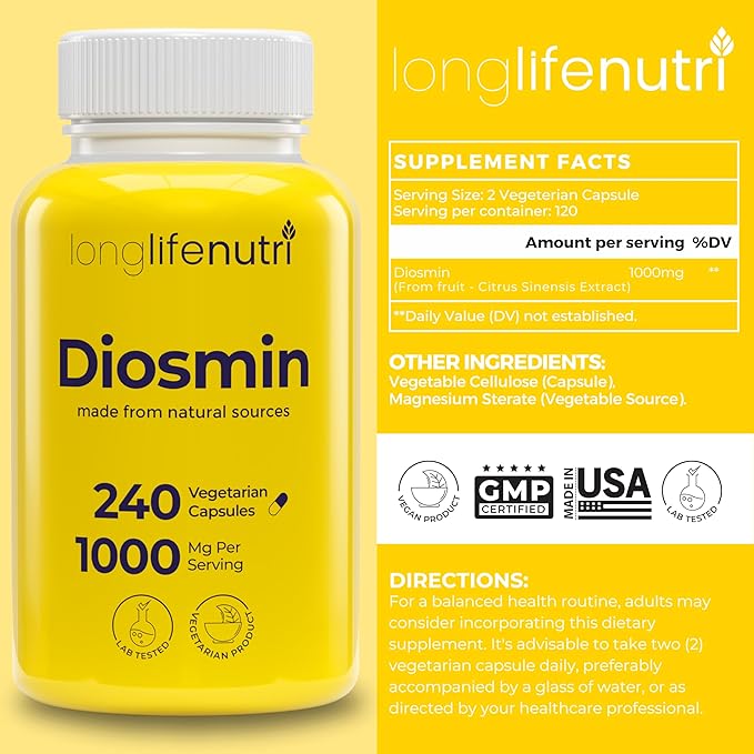 Diosmin 1000mg Advanced Formula - 240 Capsules for Circulatory Health Support 4-Month Supply Non-GMO Made in USA - Daily Wellness Supplement