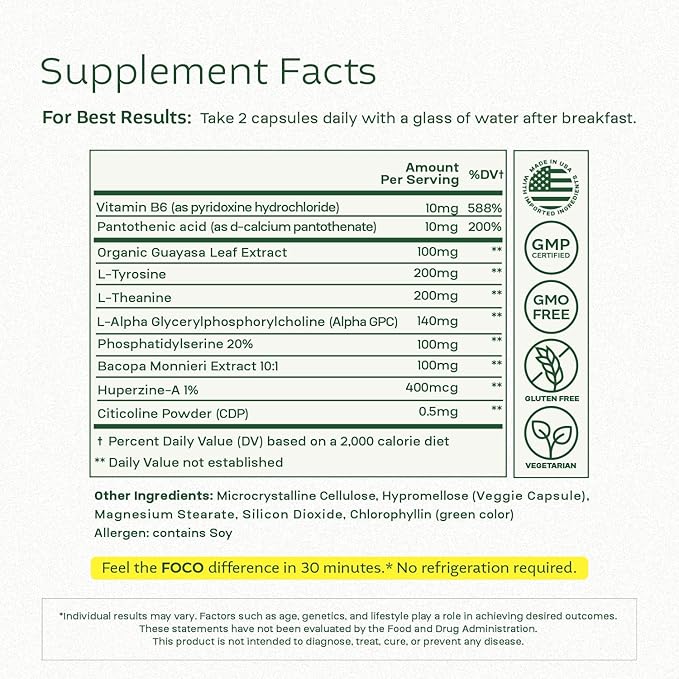 Think FOCO Capsules (13+) Natural Focus Supplement for Teens &amp Adults - Brain Nootropic for Concentration Memory Mental Clarity Cognitive Enhancement Vitamins - Attention Supplements - 60 Capsu
