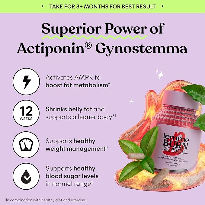 Lemme Burn - Metabolism Belly Fat Burning + AMPK Activating Supplement for Men &amp Women w/Clinically Studied Actiponin Gynostemma Green Tea Extract Vitamins B6 &amp B12 - Gluten Free 60 Count