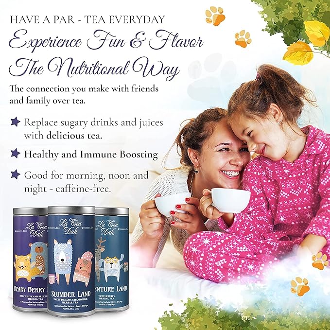 Little Animals Tea Gift Basket by La Tea Dah Caffeine Free Teas for Kids Children's Herbal Tea Sampler for Movie Night Baby Shower Party Supplies (36 Decaf Sachets)