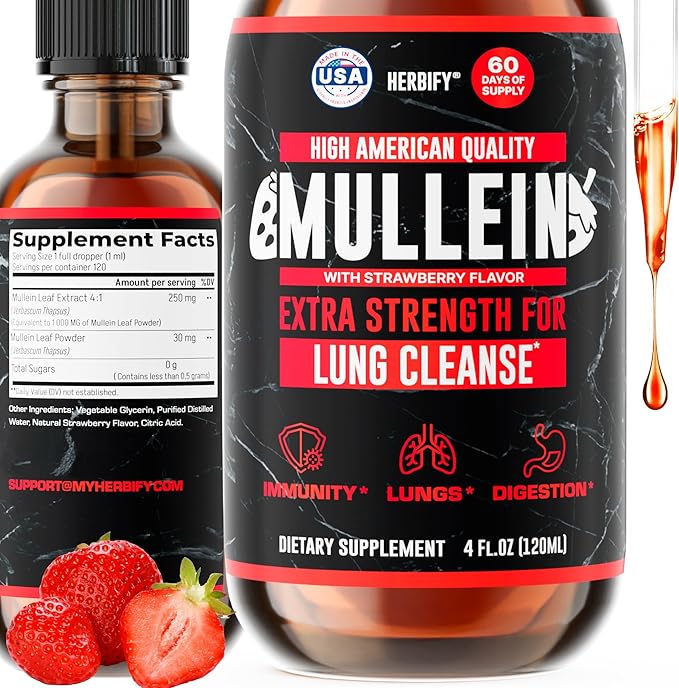 HERBIFY Mullein Drops - Lung Cleanse - Leaf Extract - Powerful Mullein for Immune Support Detox &amp Respiratory Support - Made in USA - 4 Oz Strawberry Flavor