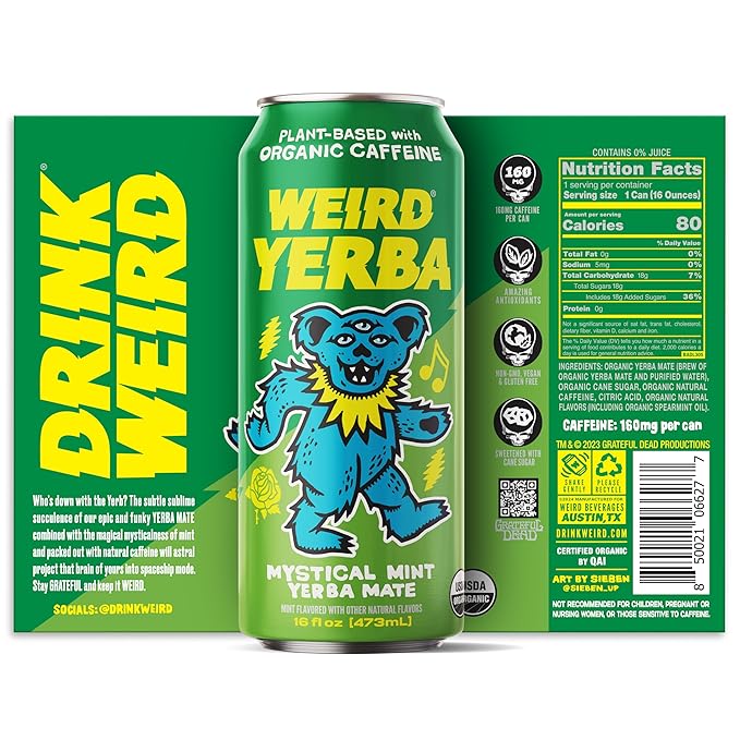 Drink Weird Organic Mystical Mint Yerba Mate – 16oz Cans 160mg Organic Caffeine Pack of 12 – Grateful Dead Collab Clean Energy Drink Alternative