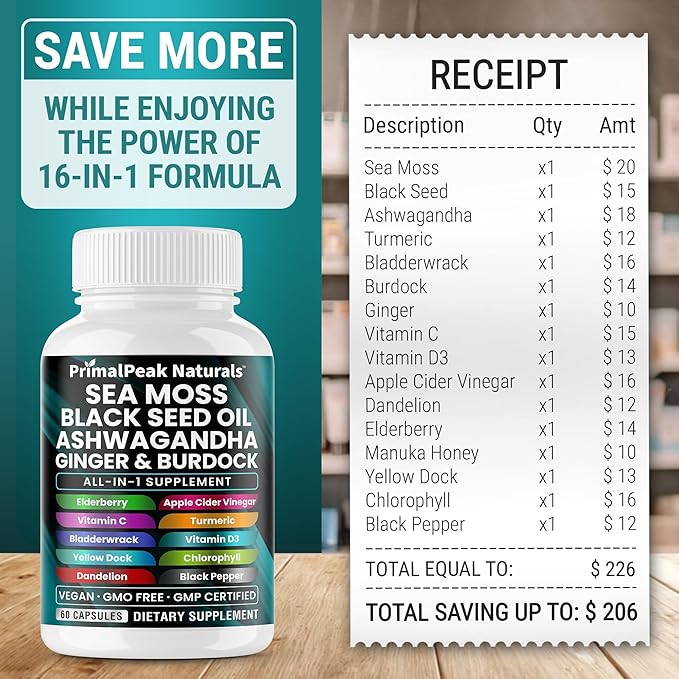 Sea Moss Black Seed Oil Ashwagandha Ginger Burdock Bladderwrack Turmeric &amp Vitamin C Vitamin D3 with ACV Elderberry Chlorophyll Dandelion Yellow Dock Vegan Capsules - 120 Count