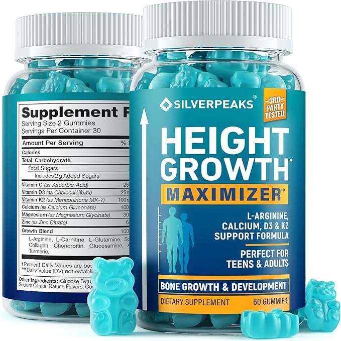 SILVERPEAKS Height Growth Gummies for Kids Teens &amp Adults - Height Growth Maximizer Supplement with Calcium Vitamins D3 &amp K2 Magnesium Zinc for Bone Strength &amp Height Increase - 60 Gum
