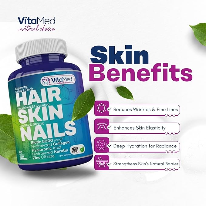 VitaMed Hair Skin &amp Nails – Biotin 5000 mcg Collagen OptiMSM Keratin Hyaluronic Acid &amp Silica | Supports Hair Growth Radiant Skin Strong Nails | Halal Non-GMO Gluten-Free – 180 Beauty