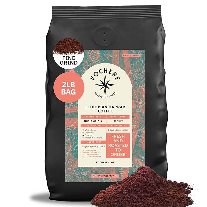 Organic Ethiopian Harrar Fine Espresso Grind Coffee – 2LB Single Origin Medium Roast Specialty Grade Chocolate &amp Fruity Notes Freshly Roasted