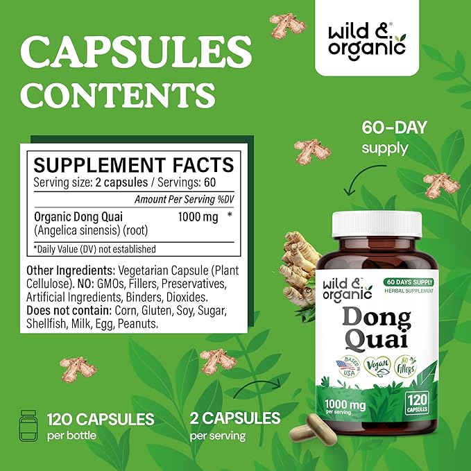 Wild &amp Organic Dong Quai Capsules 1000 mg - Menopause Supplements for Women - Dong Quai Supplement for Women - Angelica Root Herb - 60-Day Supply - Non-GMO Vegan Gluten-Free - 120 Count
