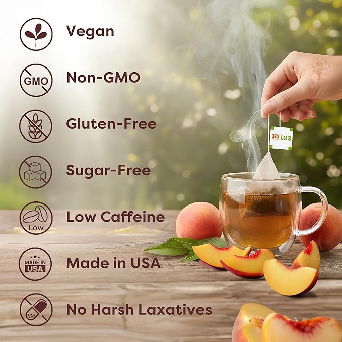 310 Nutrition Peach Flavor Detox Tea – Herbal Tea Sachets for Daily Routine – Green Tea Oolong Blend with Rooibos Yerba Mate – Fruity Herbal Tea Without Sugar Stevia-Sweetened – Pyramid Tea Bags Peac