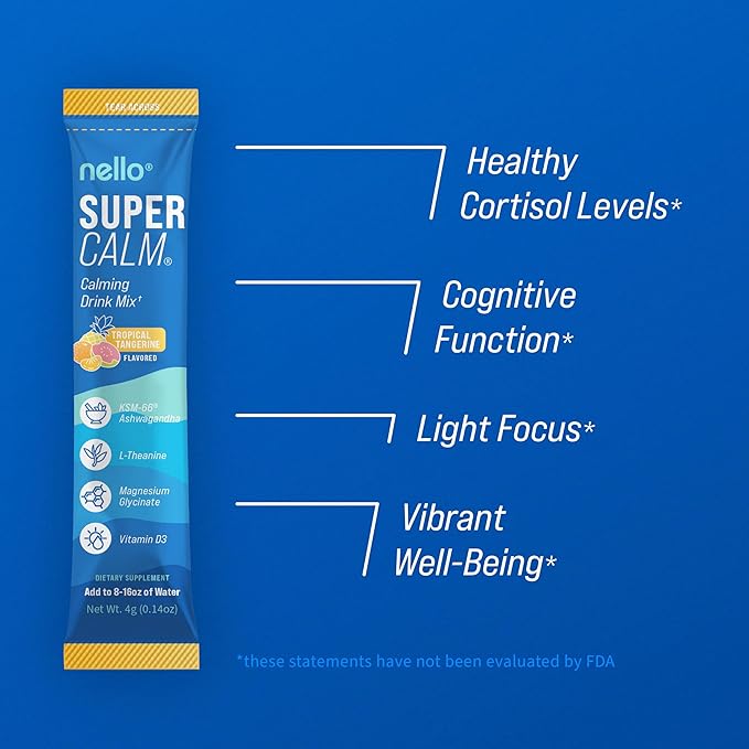 Nello Supercalm Drink Mix - Raspberry Lemonade and Tropical Tangerine Ashwagandha KSM 66 Magnesium Glycinate &amp L-Theanine Supplement - Focus and Relaxation Support (2 x 20 Travel Packets)