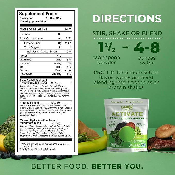 Laird Superfood Activate Prebiotic Daily Greens Powder Drink Supplement Himalayan Shilajit Powder and Functional Mushrooms Supports Gut Microbiome 4.2 Oz Bag Pack of 1