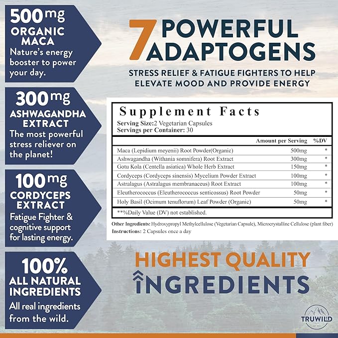 TruWild Adaptogen Blend with Cordyceps Maca Ashwagandha - Full Spectrum Mushroom Blend for Daily Support and Function All Natural Formula with 7 Key Ingredients 60 Capsules