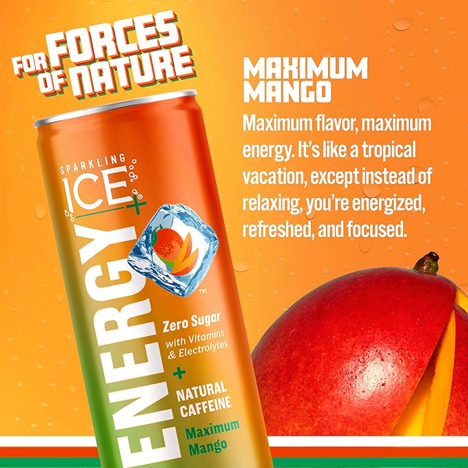 Sparkling Ice +ENERGY Maximum Mango and Sparkling Ice +ENERGY Berry Blast Sparkling Water. Energy drinks with Vitamins &amp Electrolytes Zero Sugar 12 fl oz Cans (Pack of 12 each)