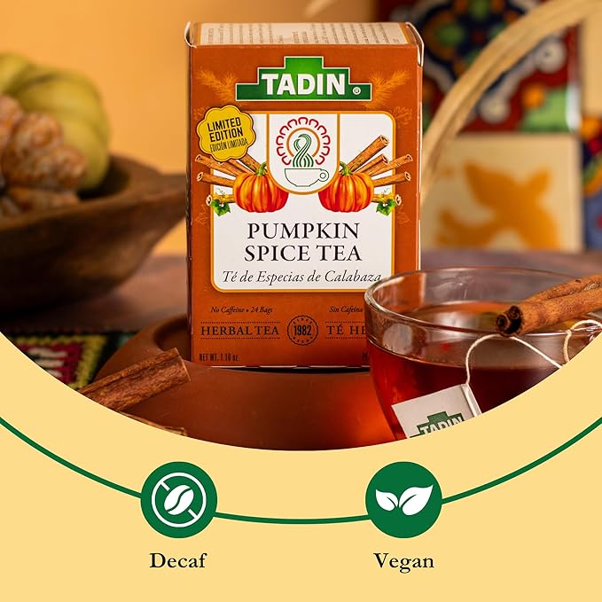 Tadin Pumpkin Spice Herbal Tea Caffeine Free Decaf 24 Tea Bags Per Box Pack of 6