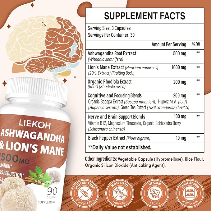 Ashwagandha &amp Lions Mane Supplement Capsules Brain Supplements for Memory and Focus Ashwagandha Supplement with Rhodiola &amp Black Peppe Cortisol Supplements for Women &amp Men90 Caps