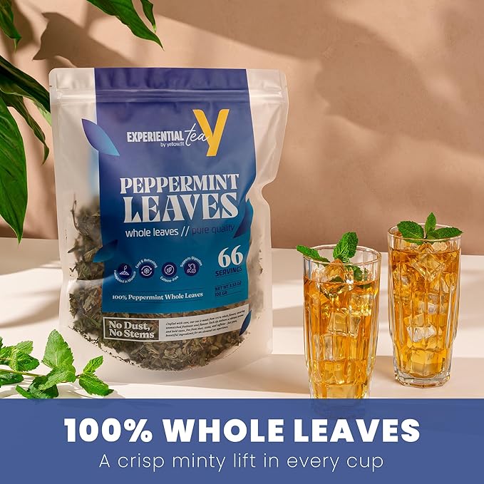 Yellow.fit Peppermint Whole Leaf Tea – 1500mg Loose Leaf Herbal Tea Caffeine-Free Peppermint Leaves Naturally Refreshing Herbal Infusion 66 Servings