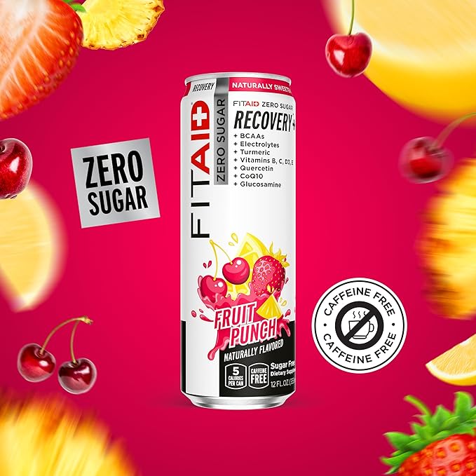 FITAID ZERO Keto-Friendly Number 1 Post-Workout Recovery Drink Contains Zero Sugar BCAAs Glucosamine 5 Calories Fruit Punch 12 Fl Oz (Pack of 24)