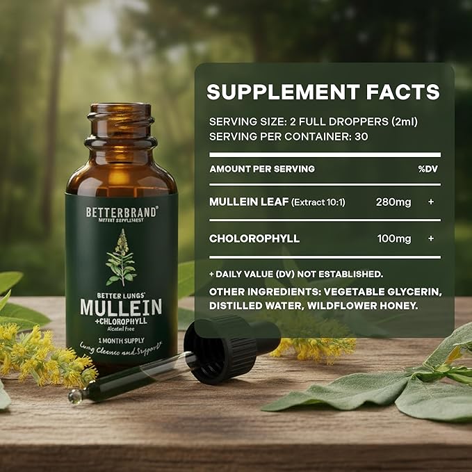 Betterbrand Mullein Drops for Lung Detox - Mullein Leaf Tincture with Chlorophyll - Helps Support Respiratory Health Alcohol-Free 1 Month Supply - 60ml