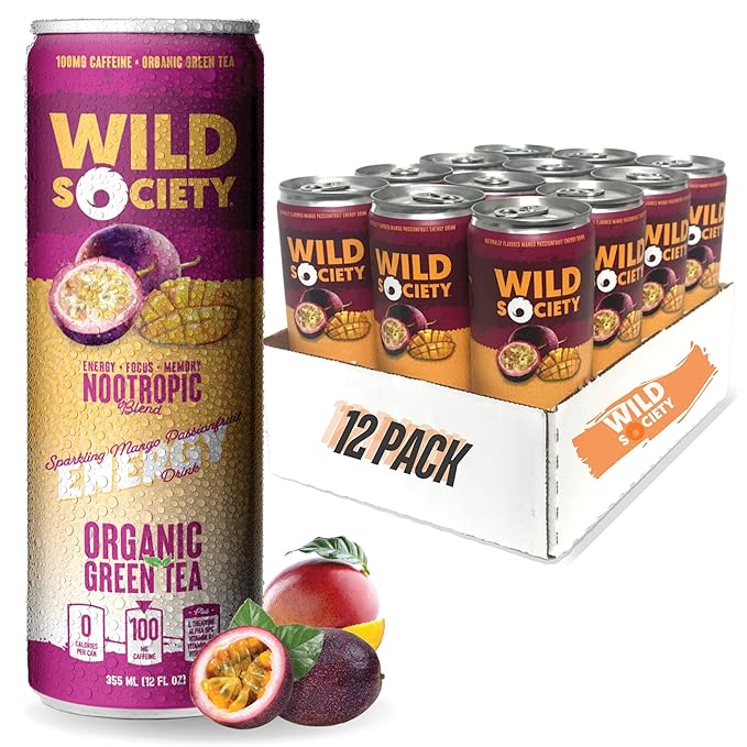 Wild Society Natural Energy Drink + Nootropics (12 pack) - 100mg Organic Caffeine from Green Tea - Zero Sugar &amp Zero Calories - Monk Fruit Sweetened - Clean Ingredients - Fuel Mind - Mango Passion