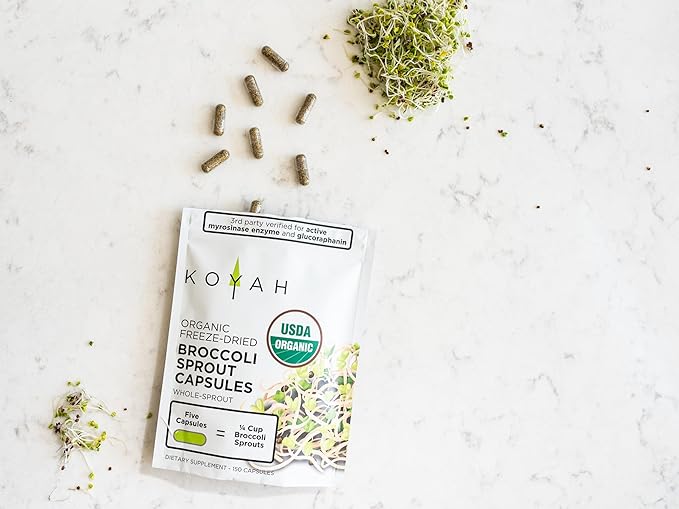 KOYAH - Organic Broccoli Sprout Capsules – Freeze-Dried Whole Broccoli Sprouts – 3rd Party Tested for Active Myrosinase &amp Glucoraphanin (Sulforaphane Glucosinolate) - 150 Capsules