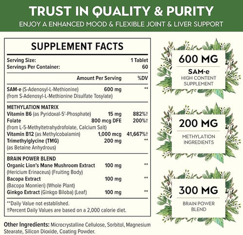1100mg SAM-e (S-Adenosyl-L-Methionine) SAM e Supplement for Mood Joint &amp Liver Highest Concentration of Active SS Form Same Vegan 120 Tablets