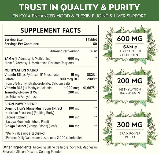 1100mg SAM-e (S-Adenosyl-L-Methionine) SAM e Supplement for Mood Joint &amp Liver Highest Concentration of Active SS Form Same Vegan 60 Tablets