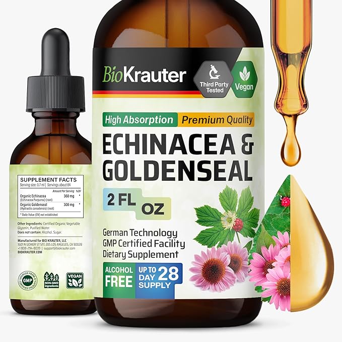 BIO KRAUTER® Echinacea Goldenseal for Immune &amp Respiratory Support - Pure Vegan Echinacea Drops with Goldenseal - Natural Respiratory Supplements 2 Fl.Oz 28-Day Supply - Alcohol &amp Sugar Free