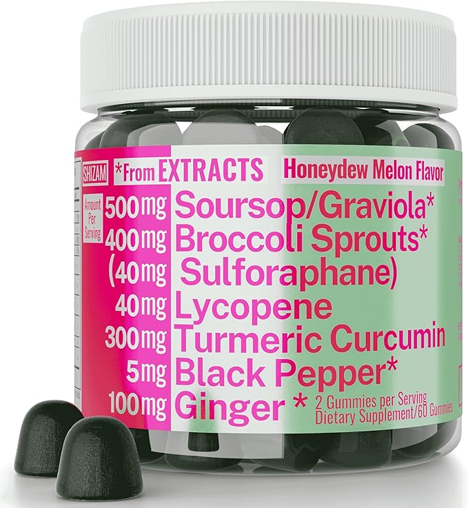 Soursop Graviola Curcumin Lycopene Broccoli Sprouts Sulforaphane Extract Gummies with Turmeric Curcumin Ginger Black Pepper Sour Sop Guyabano Leaf Supplement Chew Chewable Pills Capsules Supplements
