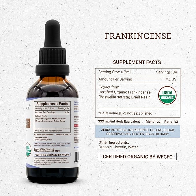 Secrets of the Tribe Frankincense USDA Organic Tincture Alcohol-Free Extract Frankincense (Boswellia Serrata) Dried Resin 2 oz