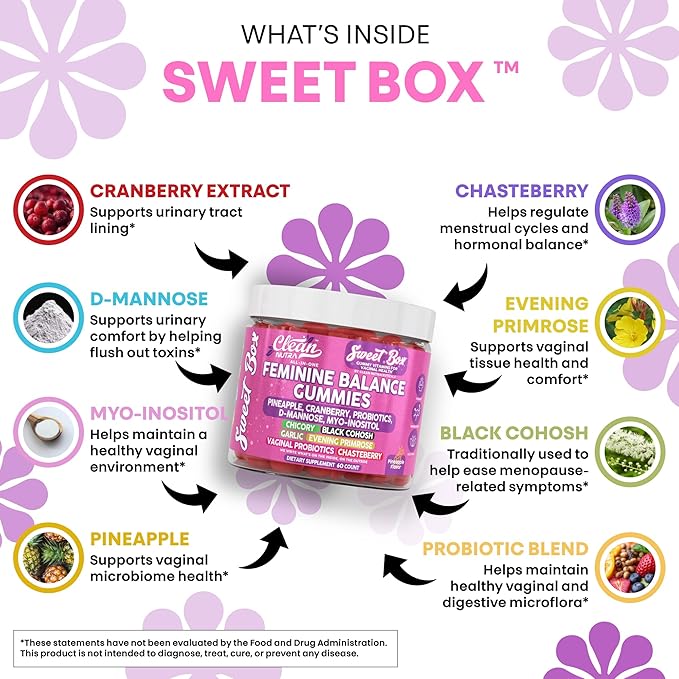 Clean Nutra Feminine Balance Gummies for Women Pineapple VaginalProbiotics pH Balance Cranberry D Mannose Supplement Inositol Black Cohosh Evening Primrose Garlic Vitex GLA Prebiotics Folate 60ct