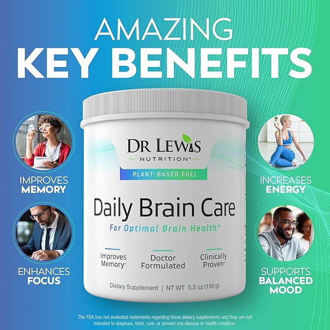 Brain Supplements for Memory and Focus – Dr Lewis Daily Brain Care Powder with Aloe Vera – Plant-Based Nootropic and Energy Supplement for Brain Fog Mental Clarity and Immune Support – Powder 150g