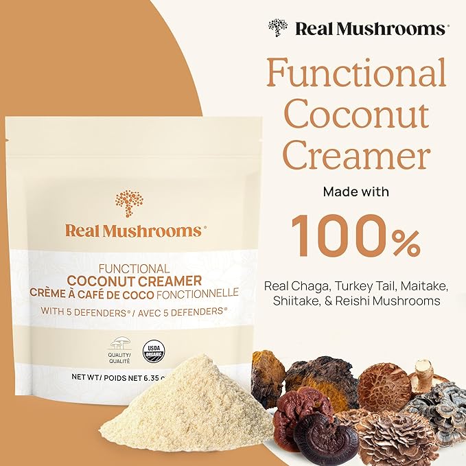 Real Mushrooms Functional Coconut Creamer with Reishi Lucuma &amp Ceylon Cinnamon – Organic Dairy-Free – Vegan Coffee Creamer for Smoothies &amp Drinks – 90 Servings Organic Cream Coconut Powder