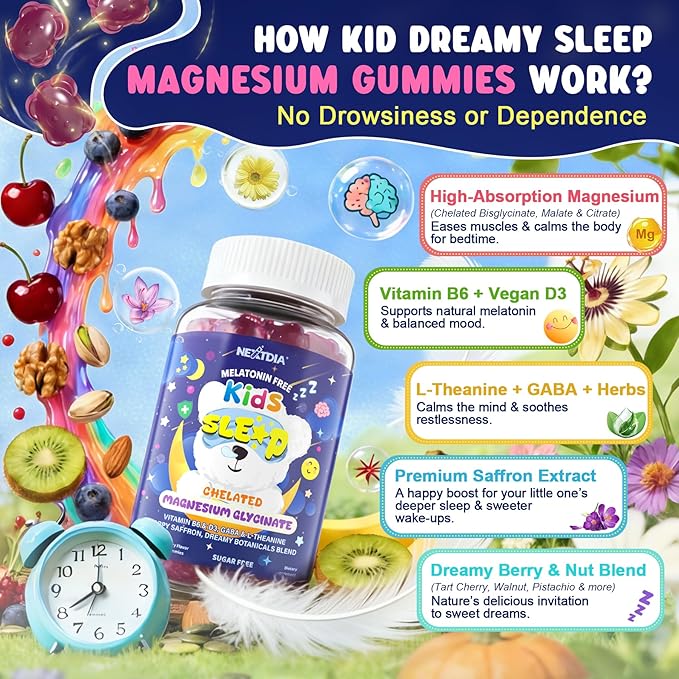 Kids Sleep Gummies NO Melatonin - Triple Magnesium Glycinate + Saffron GABA Berry &amp Nut Superfood Gummies Sugar Free Nighttime Sleep Aid &amp Calm for Kids 4+ Restful Sleep Brain &amp Muscl