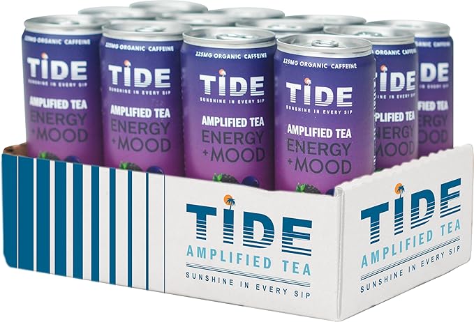 TIDE Yaupon Tea Premium Brewed Clean Energy with 125mg Caffeine - Ginseng Health Drink - Organic Fruit Juice &amp Green Tea - Healthy Morning Boost Beverage Low Calorie 12 pack (12 oz Black and Bl
